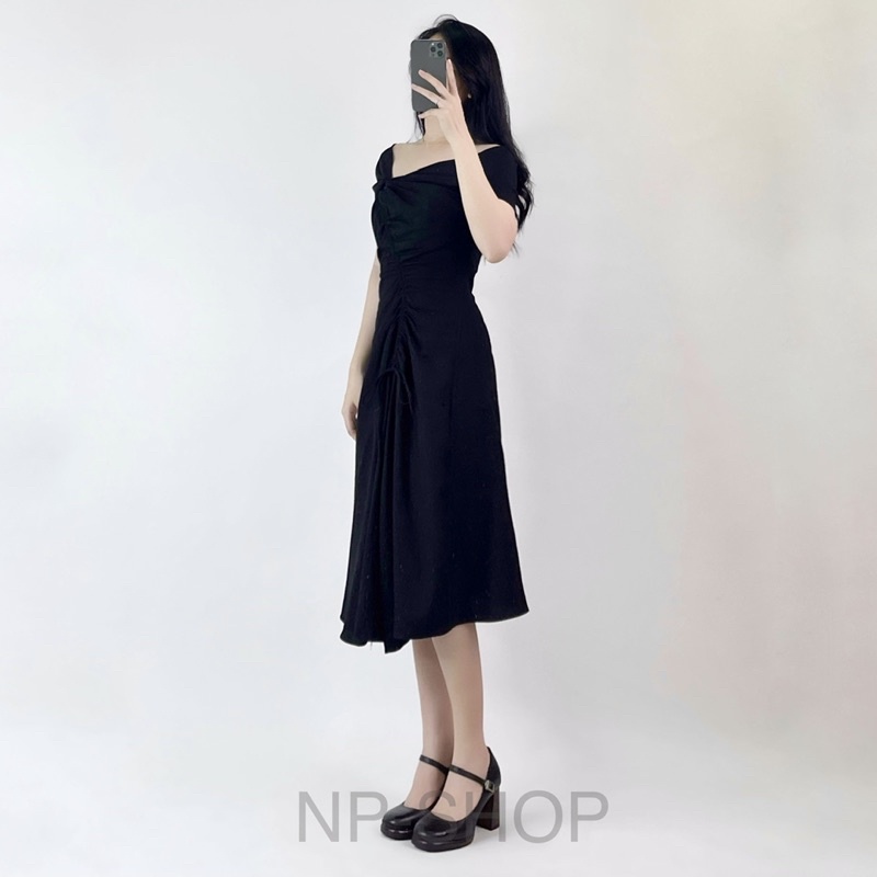 Đầm nữ trễ vai dáng xoè dài qua gối kiểu rút dây màu đen, trắng, xanh NPDAM005