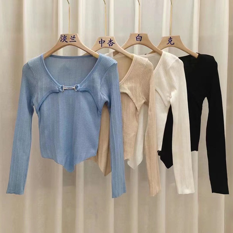 Áo Thun Tay Dài Giả Hai Lớp Màu Trơn Dáng Ôm Phong Cách Thời Trang Hàn Quốc Cho Nữ