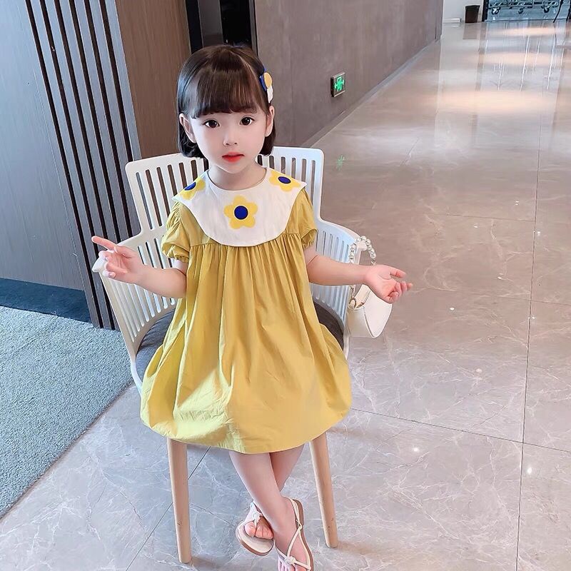 Váy công chúa tay ngắn cổ bẻ in họa tiết hoa thời trang mùa hè phong cách Hàn Quốc cho bé gái 2021
