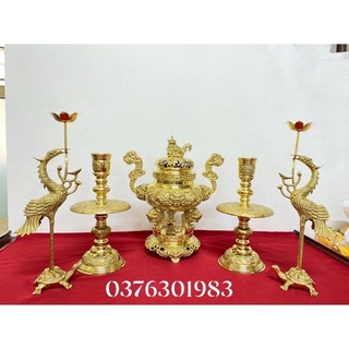 Bộ đỉnh lư thờ bằng đồng vàng bóng cao cấp 35cm .Tam sự - ngũ sự - đỉnh đồng - đỉnh thờ cao