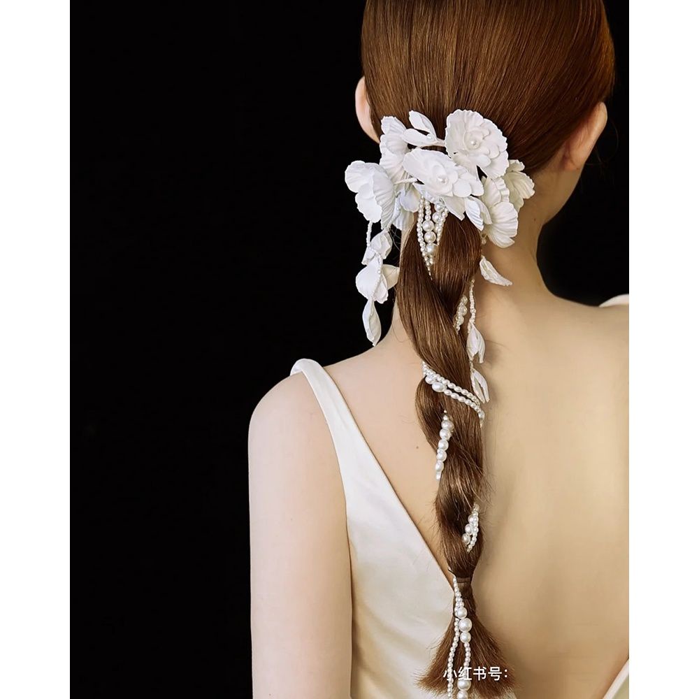 Phụ Kiện Cài Tóc Đuôi Ngựa Dạng Bện Đính Hoa Làm Thủ Công Phong Cách Hàn Quốc Cho Cô Dâu