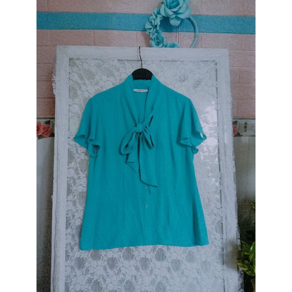 Áo voan xanh ngọc công sở nữ cổ thắt nơ rất xinh hàng secondhand Indonesia size Size S M