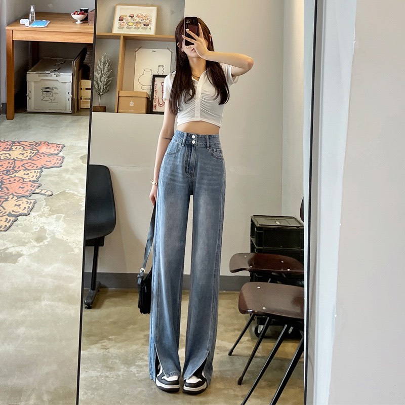 Quần Jean Lưng Cao Ống Rộng Sẻ Gấu - D4