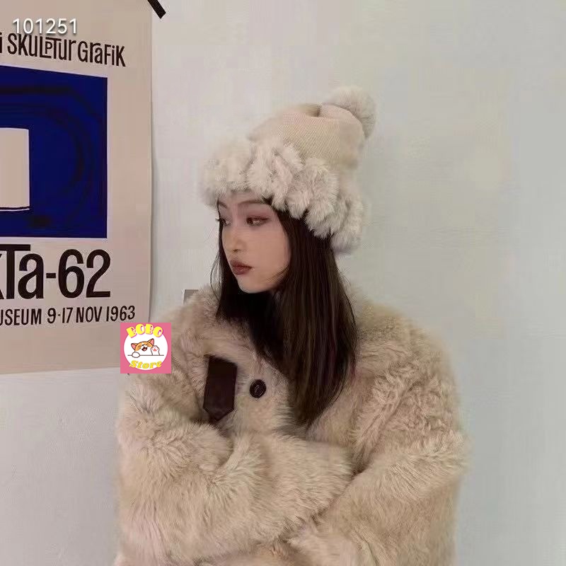 Mũ len quả bông nhiều màu mix lông thỏ mềm mịn ấm áp