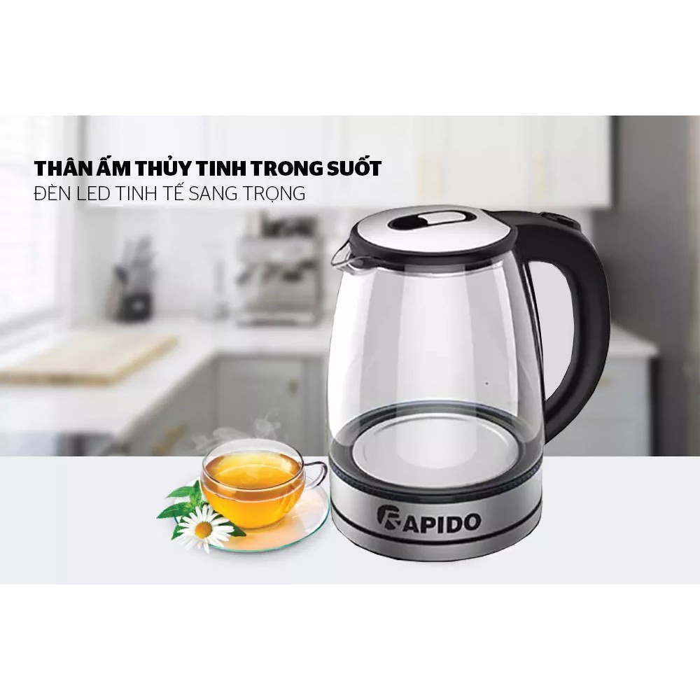 [BẢO HÀNH 1 ĐỔI 1] Ấm điện siêu tốc thủy tinh Rapido 1,8L có đèn báo an toàn trong khi sử dụng, công suất 1800W