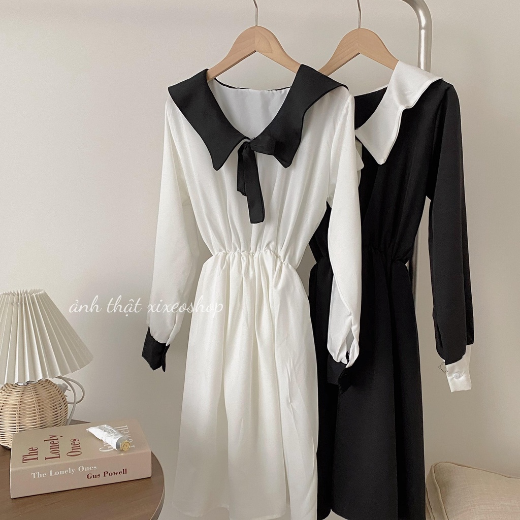 Váy babydoll dài tay trắng đen nơ cổ, đầm tiểu thư xixeoshop - v114