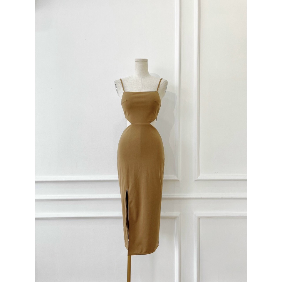 Đầm thun body nữ khoét eo dáng dài, đầm nữ hai dây ôm midi xẻ tà có mút ngực NPDAM012