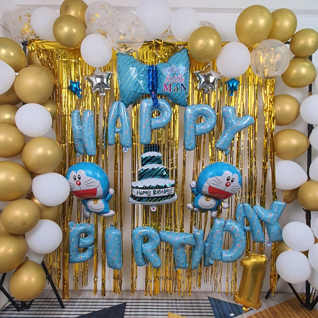 Set bóng trang trí sinh nhật cho bé trai bé gái 2 rèm kim tuyến bóng chữ Happy birthday+ tháng và 50 bóng tròn