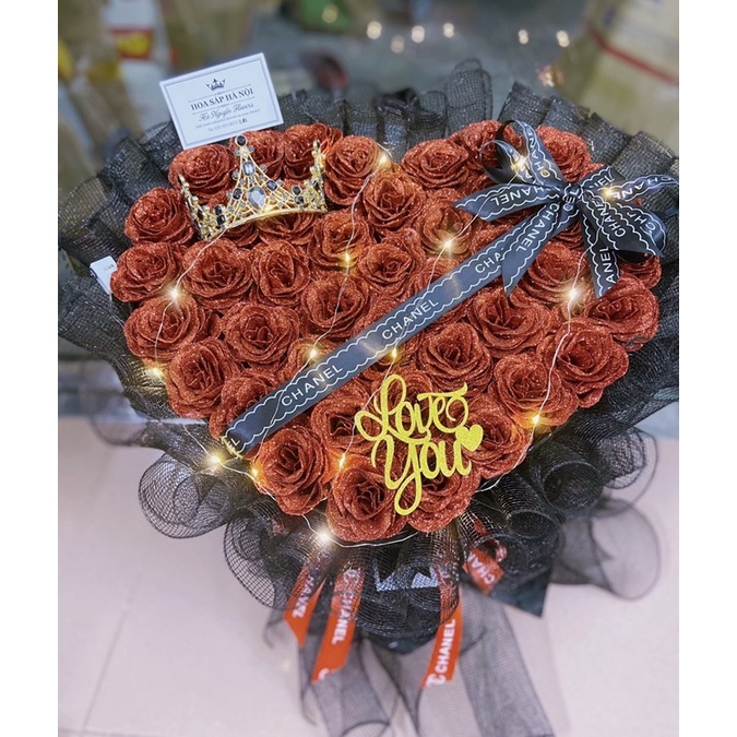 [Hoa sinh nhật- quà 14/2]_ Bó hoa hồng nhũ 40 bông kết hợp lưới siêu sang tặng kèm đèn nháy và full toping