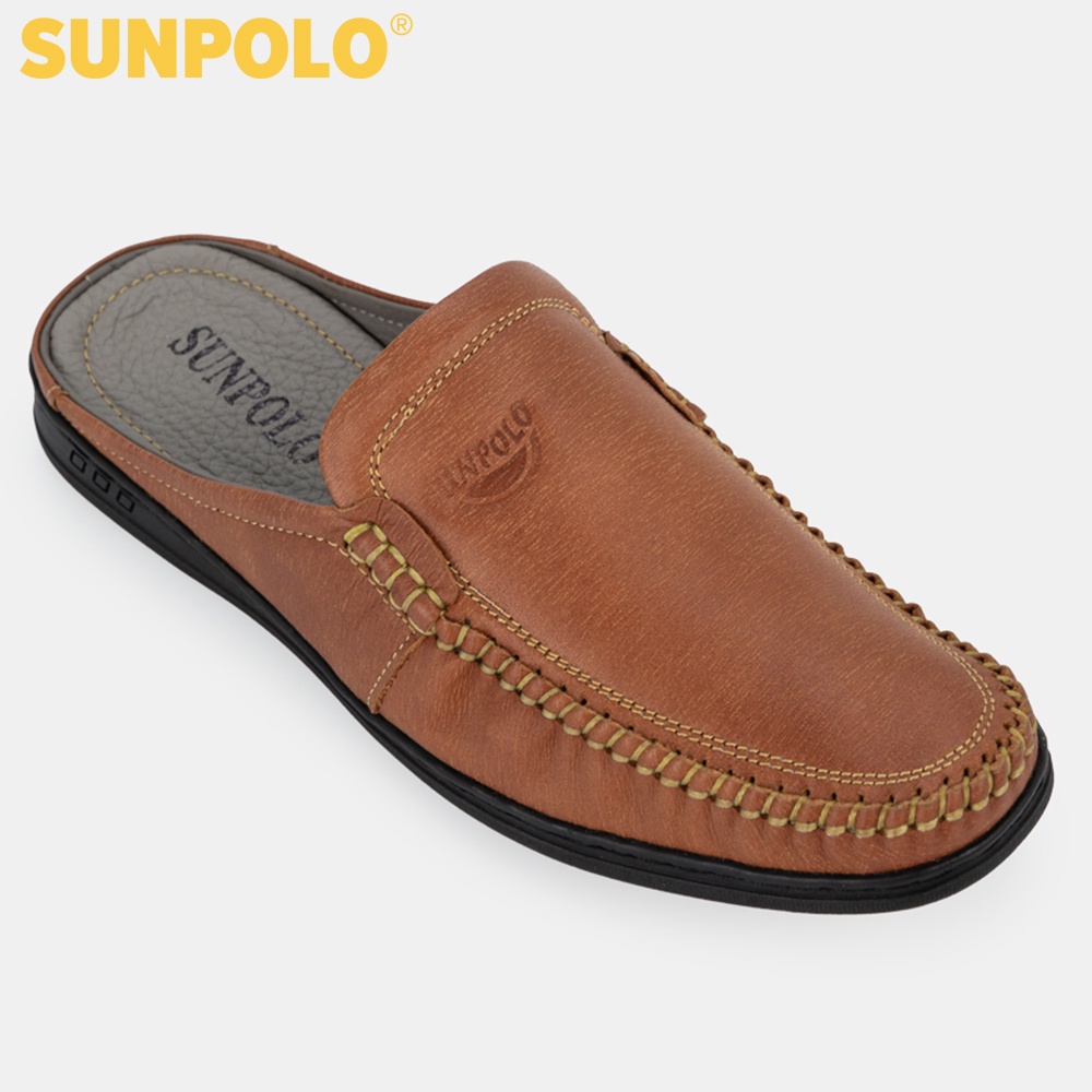 Giày sục dép nam Da bò cao cấp SUNPOLO đi làm, đi chơi Màu Nâu Bò/Rêu - SPO218
