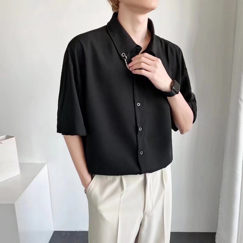 Áo Sơ Mi Tay Ngắn Dáng Rộng Màu Trắng Đen Phong Cách Nhật Bản Cao Cấp Cho Nam Size M-3XL