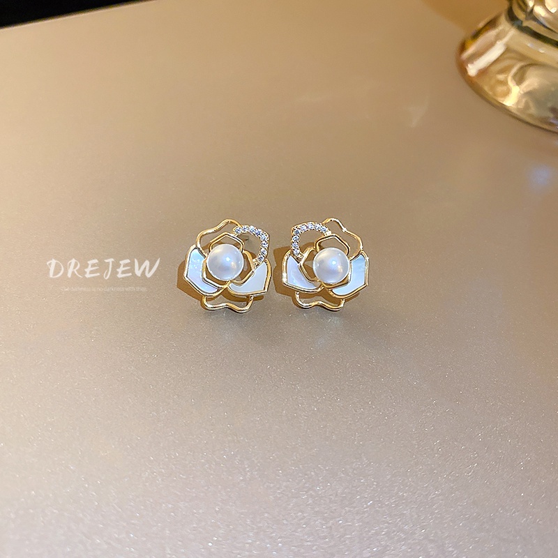 DREJEW Khuyên tai mạ vàng bạc kiểu hoa đính đá ngọc trai đơn giản phong cách Hàn Quốc