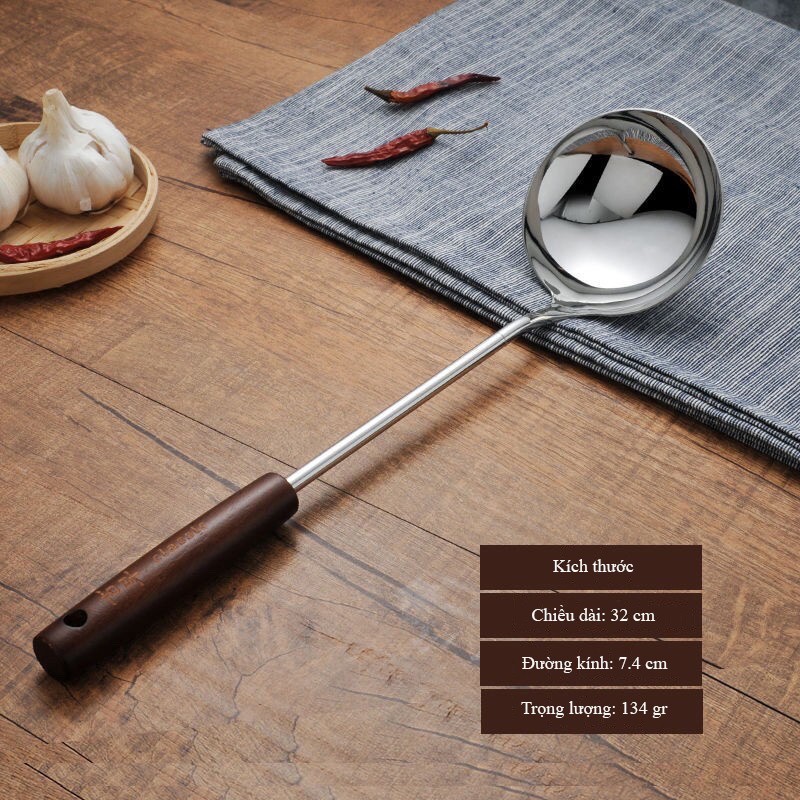 🍀 Vá múc canh, xẻng lật chiên xào thức ăn, vá lọc chất liệu inox 304 ko gỉ tay cầm gỗ cao cấp