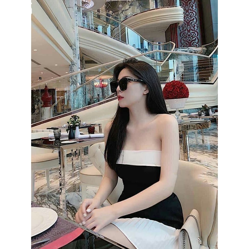 Áo cúp ngực trễ vai đen viền trắng xẻ lai siêu xinh