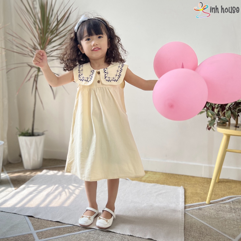 V043_Váy thuỷ thủ màu kem thêu hoạ tiết lá cho bé gái từ 1 đến 11 tuổi