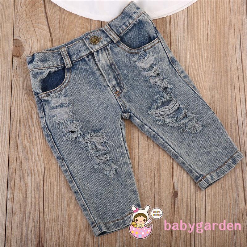 Bộ Áo Trễ Vai + Quần Jean Denim Cho Bé Gái