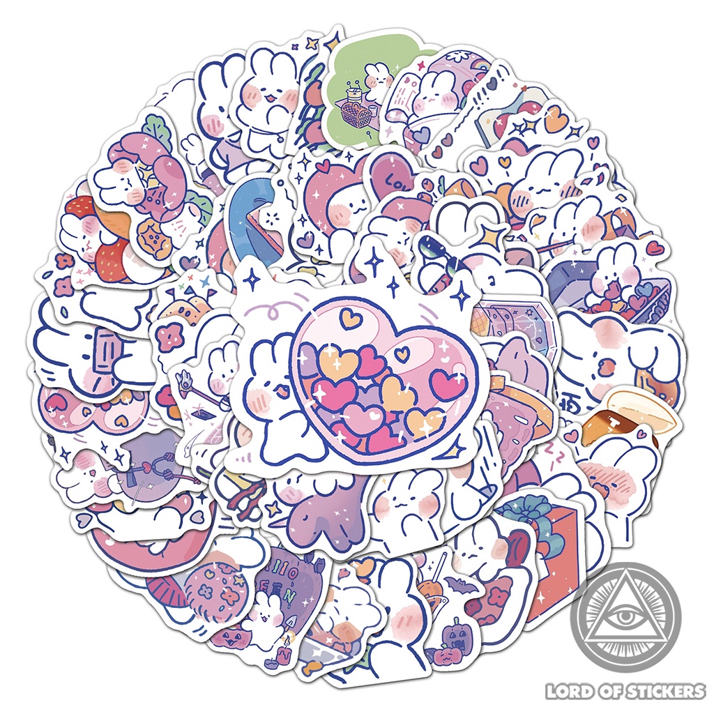Set 50 Nhãn Dán Sticker Mini Hoạt Hình Thỏ Trắng Đáng Yêu Cute Chống Thấm Nước Trang Trí Bình Nước, Điện Thoại, Máy Tính
