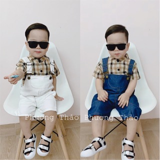 Set yếm nò áo sơ mi kẻ nâu