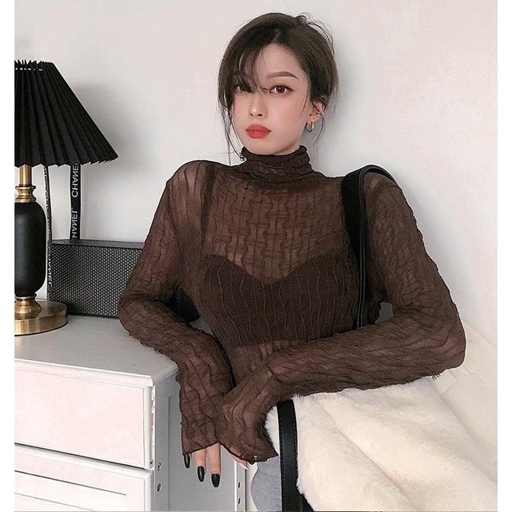 QADCOL  Áo Thun Tay Dài Ôm Dáng Phối Ren Phong Cách Phương Tây Gợi Cảm Hàng Mới