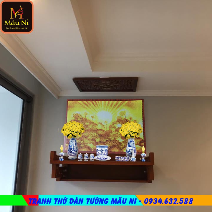 TRANH TRÚC CHỈ IN MÂU NI- kt 61cmx81cm - sen tia- dán phòng thờ, vách thờ, bàn thờ,..