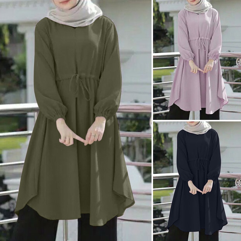 ZANZEA Áo Kiểu Dài Tay Màu Trơn Cột Dây Eo Thanh Lịch Cho Phụ Nữ Hồi Giáo