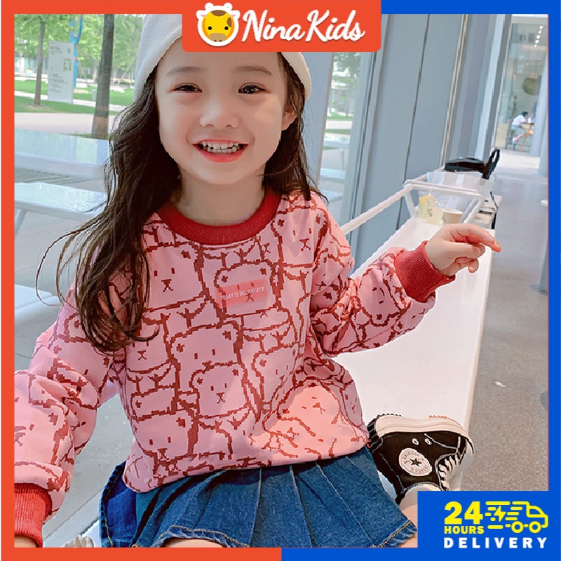 Áo thun  tay dài cổ tròn in họa tiết gấu thời trang xuân thu cho bé gái 1-8 tuổi