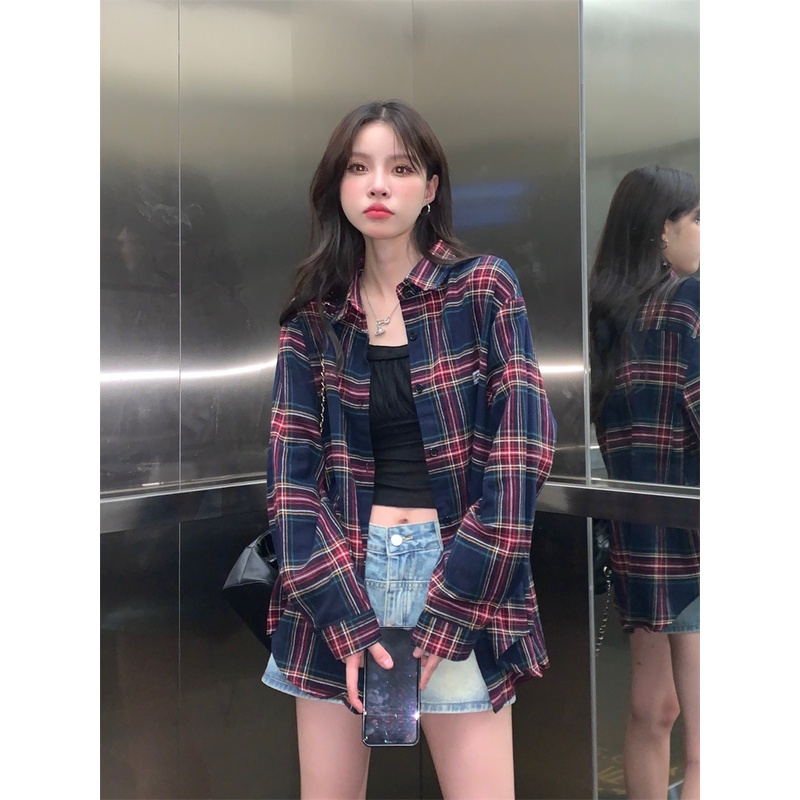 Áo sơ mi ZHELIHANGFEI tay dài dáng rộng họa tiết kẻ sọc phong cách học đường Mỹ thời trang dễ phối đồ