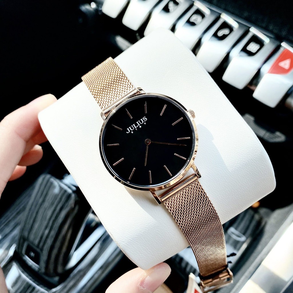 Đồng hồ nữ Julius Star Hàn Quốc JS-027C mặt kính Sapphire dây thép (Đồng mặt đen)