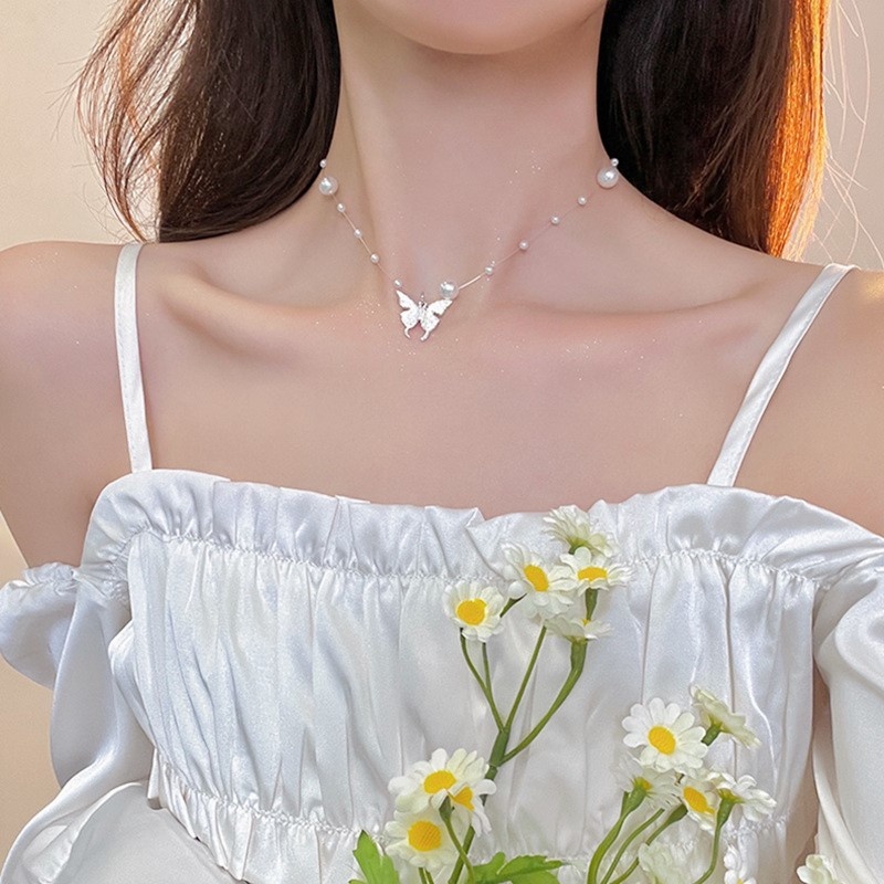Vòng cổ nữ MANYUE phối mặt hình bướm và ngọc trai thời trang