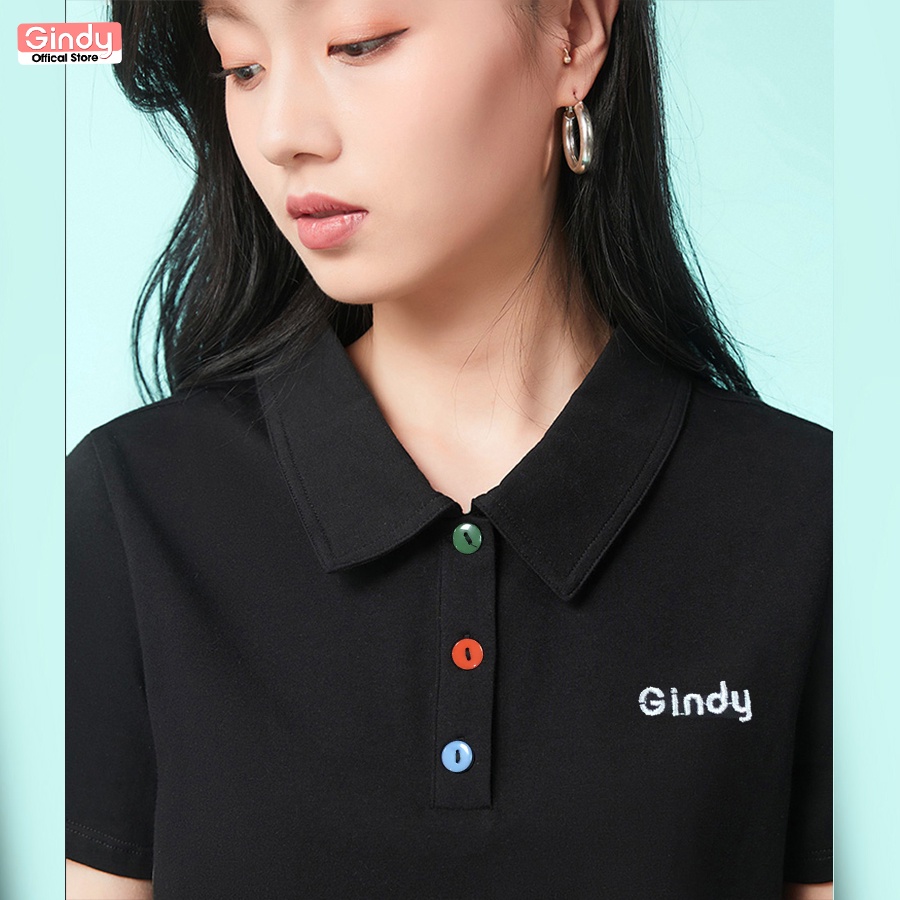 Áo thun phông nữ polo GINDY cúc màu sắc 3 màu cổ bẻ cotton tay lỡ basic dáng lửng unisex vải cotton thoáng mát A8110