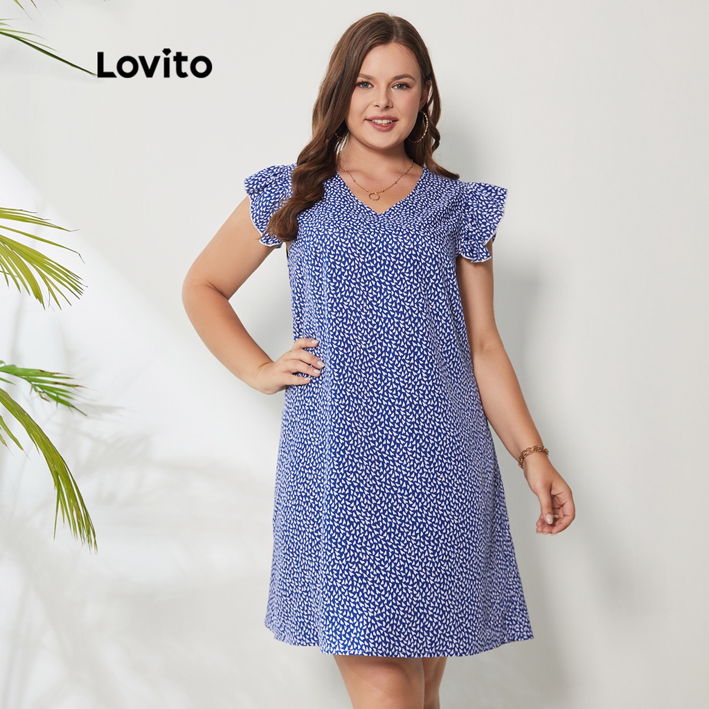 Đầm Lovito dễ chịu thân thiện với da thướt tha cổ V lai bèo xếp nếp chấm bi boho tôn dáng size lớn LPS01056 (Xanh lam)