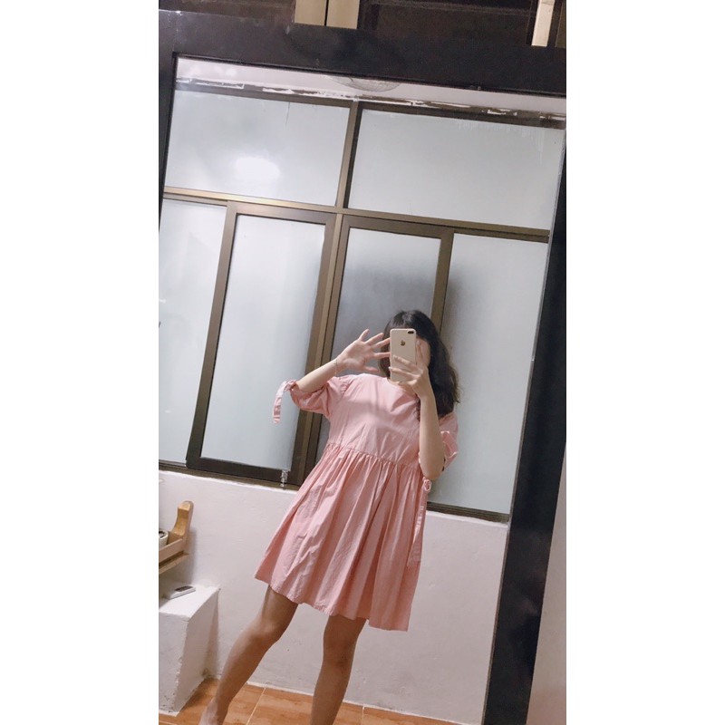 pass váy babydoll màu hồng pastel tay buộc nơ