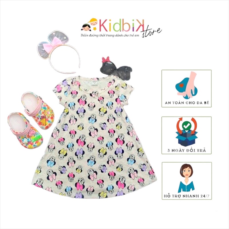 Đầm tay ngắn cotton in hoạ tiết mickey cho bé gái từ 2-4 tuổi, 7-15kg | KidKid Store