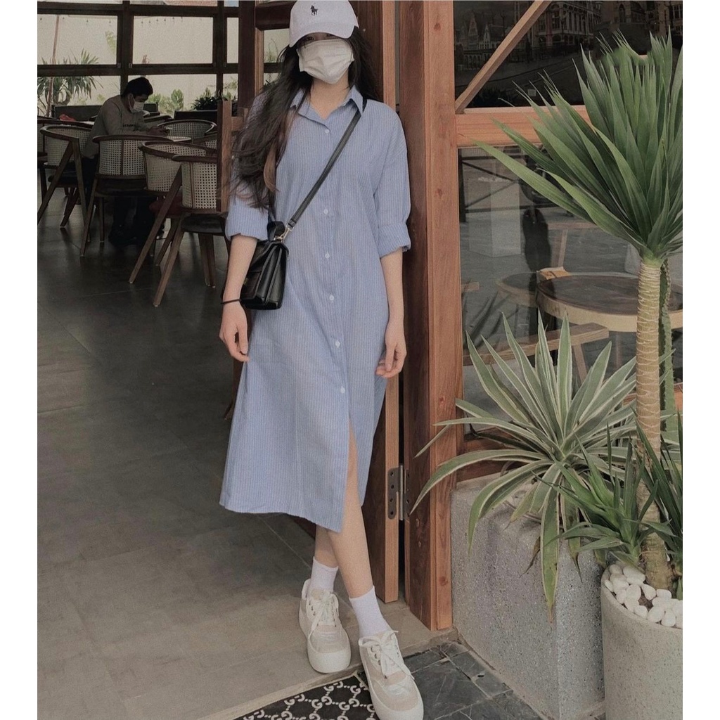 Váy sơ mi kẻ sọc, đầm maxi kẻ cổ bẻ vải thô mềm unisex kèm đai Daski