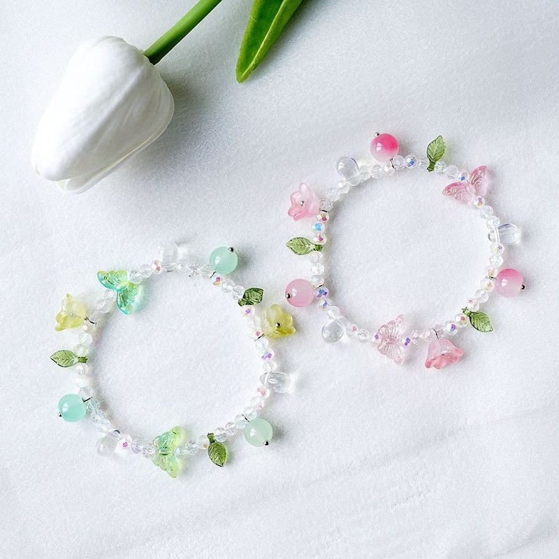 Vòng Tay Chuỗi Hạt Pha Lê Họa Tiết Hoa / Bướm Màu Tím Phong Cách Hàn Quốc Thời