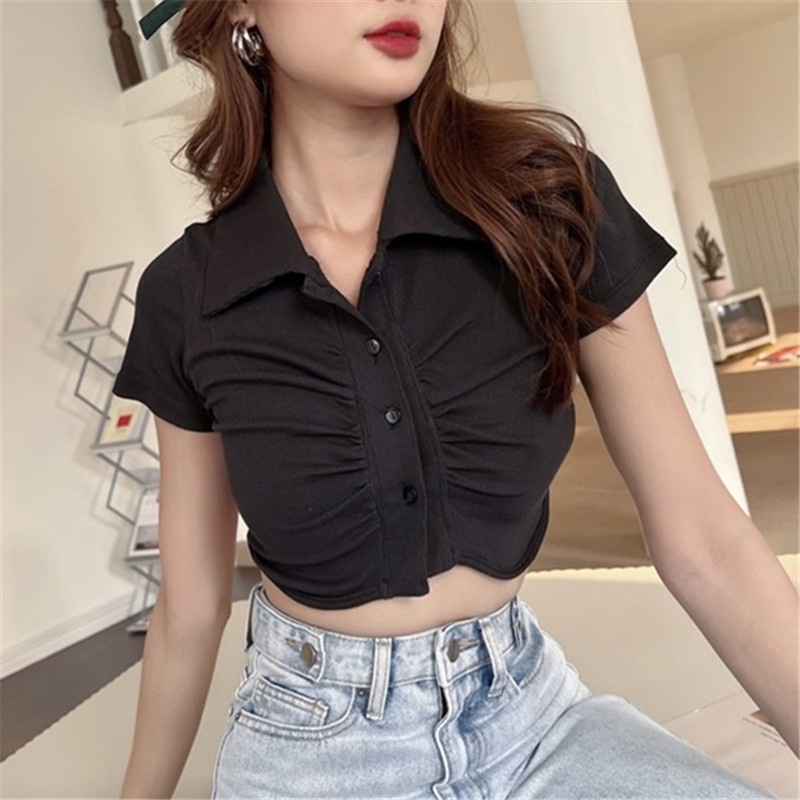 Áo Thun Tay Ngắn Phối Cúc Áo Xếp Ly Thời Trang Đường Phố Cá Tính Cho Nữ