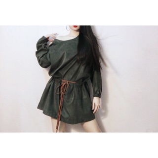 Đầm suông da lộn cột dây bính