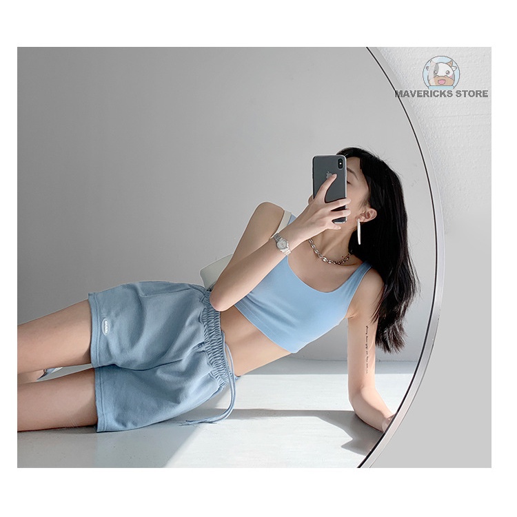 Quần short thể thao lưng cao màu trơn phối dây rút thời trang Hàn Quốc cho nữ