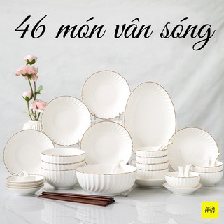 Bộ bát đĩa, bộ bát đĩa sứ trắng viền vàng có vân sóng 46 món cho 8- 10 người phong cách Bắc Âu sang trọng
