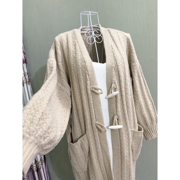 Áo khoác len thừng cardigan dáng dài màu kem