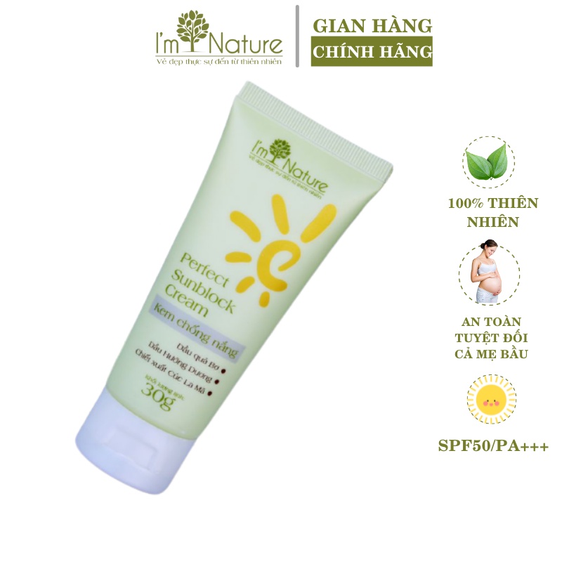 Kem chống nắng Perfect Sunblock Cream I'm Nature toàn thân mọi loại da kiềm dầu mụn SPF50/PA+++ 30gr an toàn cả mẹ bầu
