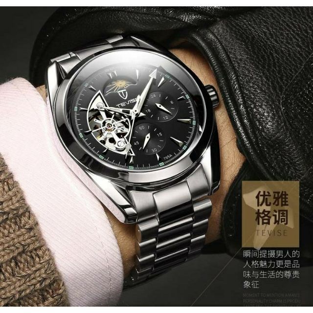 Đồng hồ cơ nam tevise 795 mặt tròn dây thép chính hãng