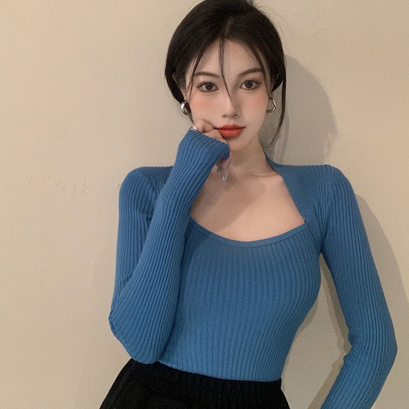QKOOLE  Áo dệt kim cổ vuông tay dài thời trang retro Hàn Quốc dành cho nữ