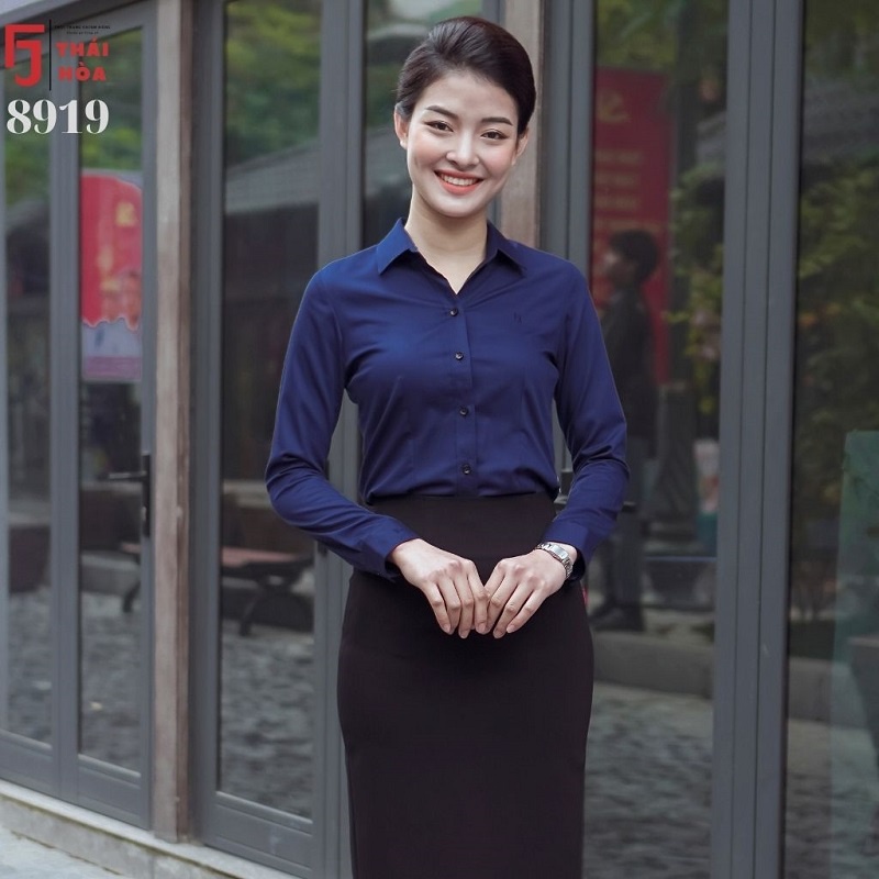 Áo sơ mi xanh nữ cao cấp công sở kiểu dài tay vải sợi tre Thái Hoà 8919-09-01