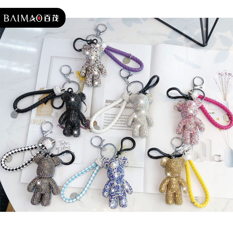 Móc khóa hình gấu đính kim cương dễ thương phong cách Hàn Quốc để treo túi/ chìa khóa tiện dụng