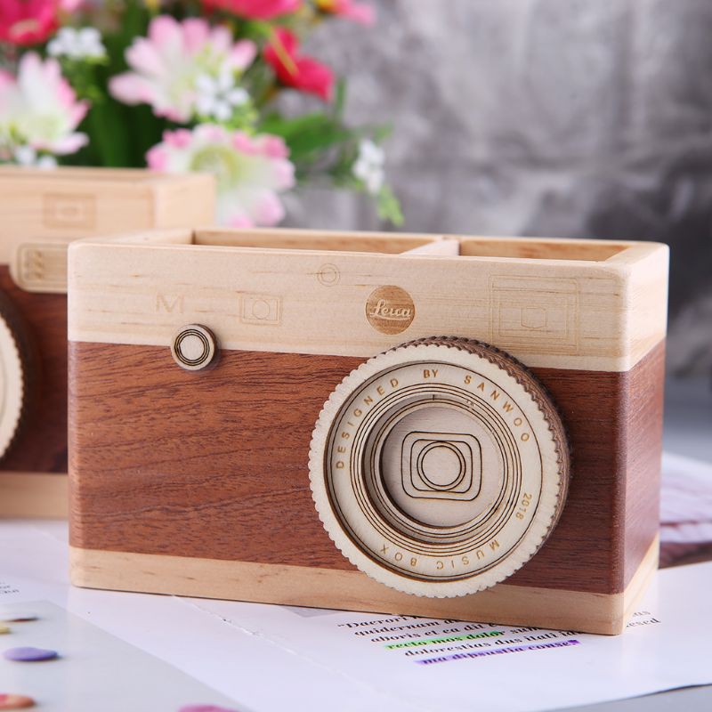 SEL Creative Camera Pattern Wooden Pen Pencil Case Holder Stand Desktop Sundries Storage Box Multi Purpose Use