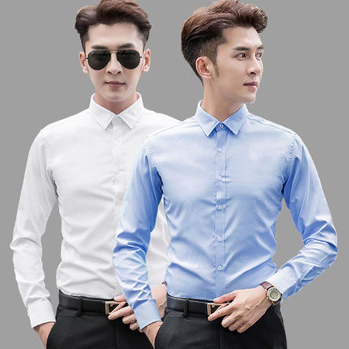 【Non-iron shirt】Men Formal Button Smart Casual Plus Size Long Sleeve Slim Fit Men's long sleeve shirt spring and autumn thin Korean slim solid color no iron shirt men's business Korean large white inch shirt