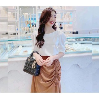 Sét áo và chân váy nữ áo sơ mi cổ tròn phối chân váy rút dây kiểu dáng trẻ trung thanh lịch