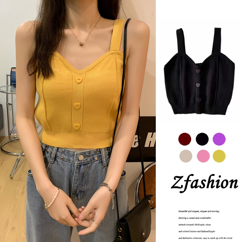 Áo Hai Dây Dệt Kim Màu Trơn Cài Nút Trước Hình Trái Tim Gợi Cảm Thời Trang Phong Cách Hàn Quốc Cho Nữ