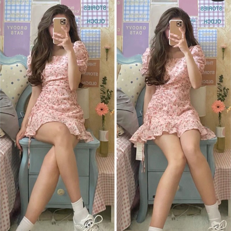 đầm hồng váy ngắn đầm hoa nhí vintage váy voan hoa nhí đầm tay phồng đầm cổ vuông đầm hở lưng đầm bigsize nữ váy nữ xinh váy đi chơi đầm đi tiệc đầm nữ